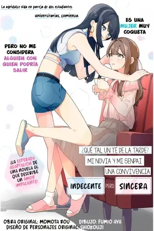 Portada del manga ¿Qué tal un té de la tarde? Mi novia y mi senpai, una convivencia indecente y sincera en español